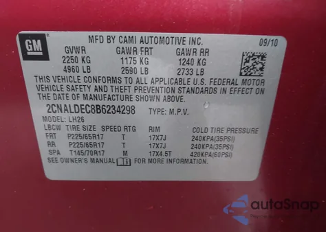 2011 Chevrolet Equinox 1Lt из США, поврежденный, VIN 2CNALDEC8B6234298